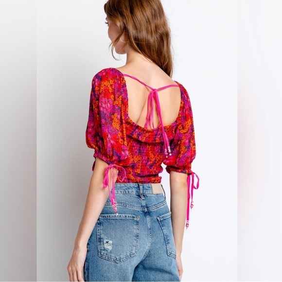 NWOT Free People Smocked Floral Crop Top Hot Pink Multi size XS - Picture 2 of 5